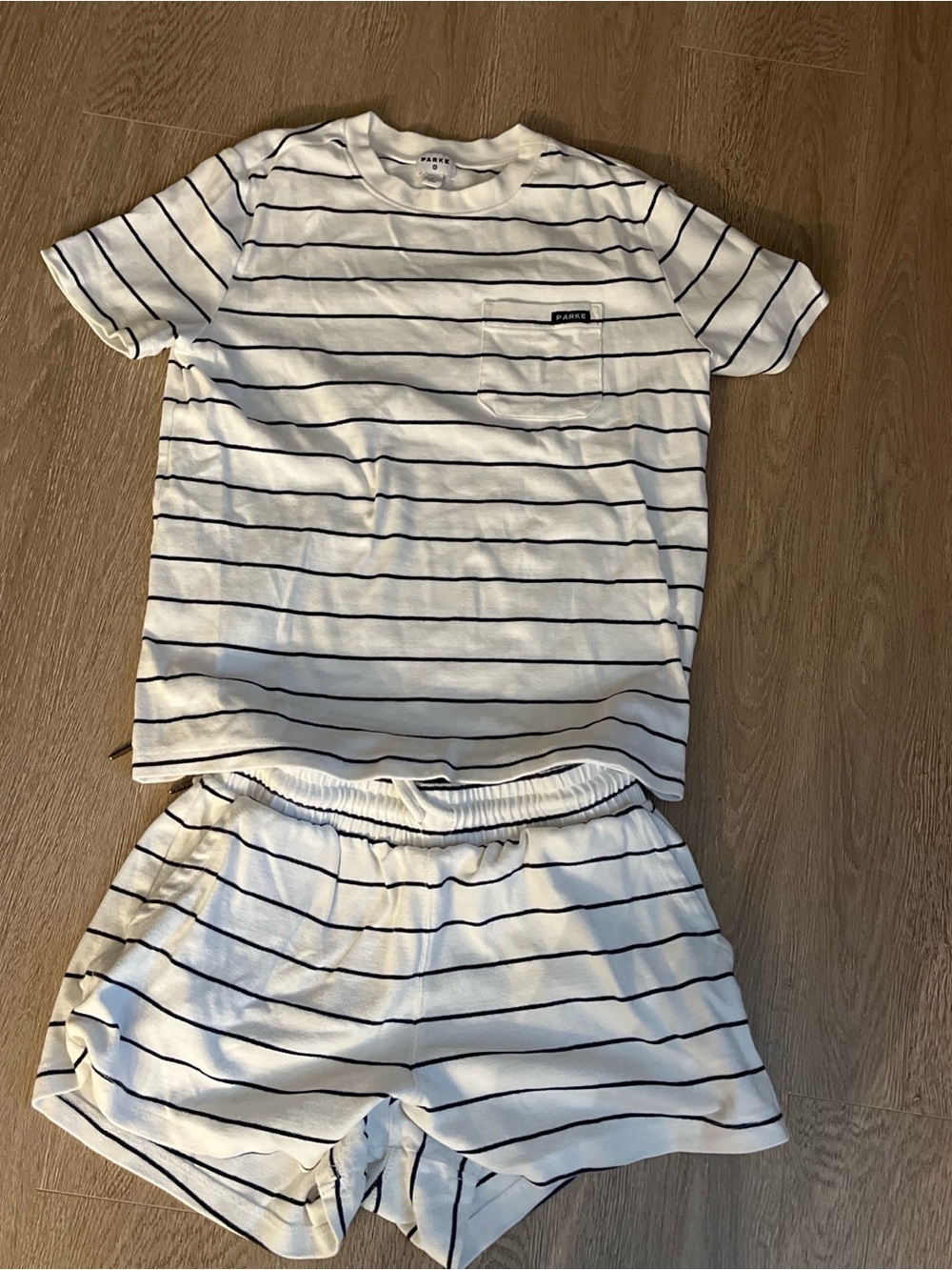 Parke White Short-Sleeve Striped Tee and shorts with Navy Lines